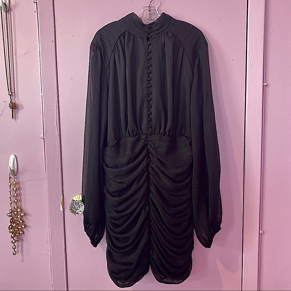 House of Harlow 1960 Black Ruched Metallic PinStripe High Neck Collar Dress